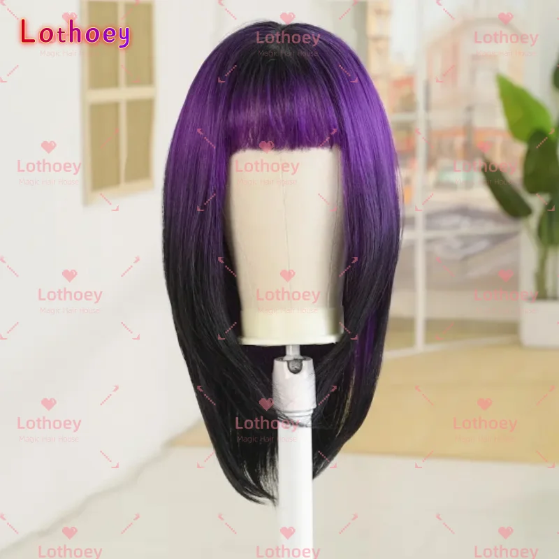 Парик из натуральных волос, натуральные волнистые парики из человеческих волос с челкой, градиент фиолетового цвета, очаровательный парик для вечеринок и повседневного использования, косплей для женщин