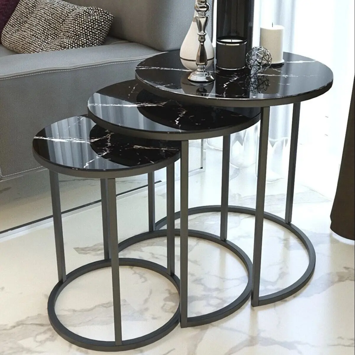 Decorative Gold Nesting Table Set of 3 Unbreakable Tempered Glass Luxury Marble Design Home Living Room 3Pcs Furniture Accessory