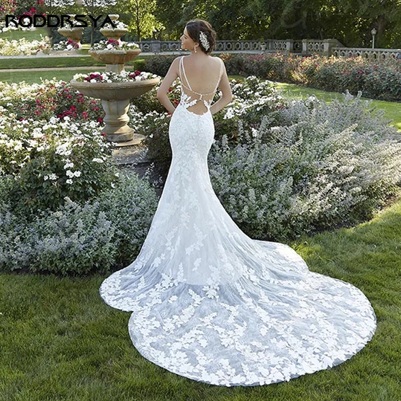 RODDRSYA Appliques Spaghetti-trägern Hochzeit Kleid Meerjungfrau Brautkleid Brautkleid Strand Robe De Mariée Sexy Backless Tasten 2023