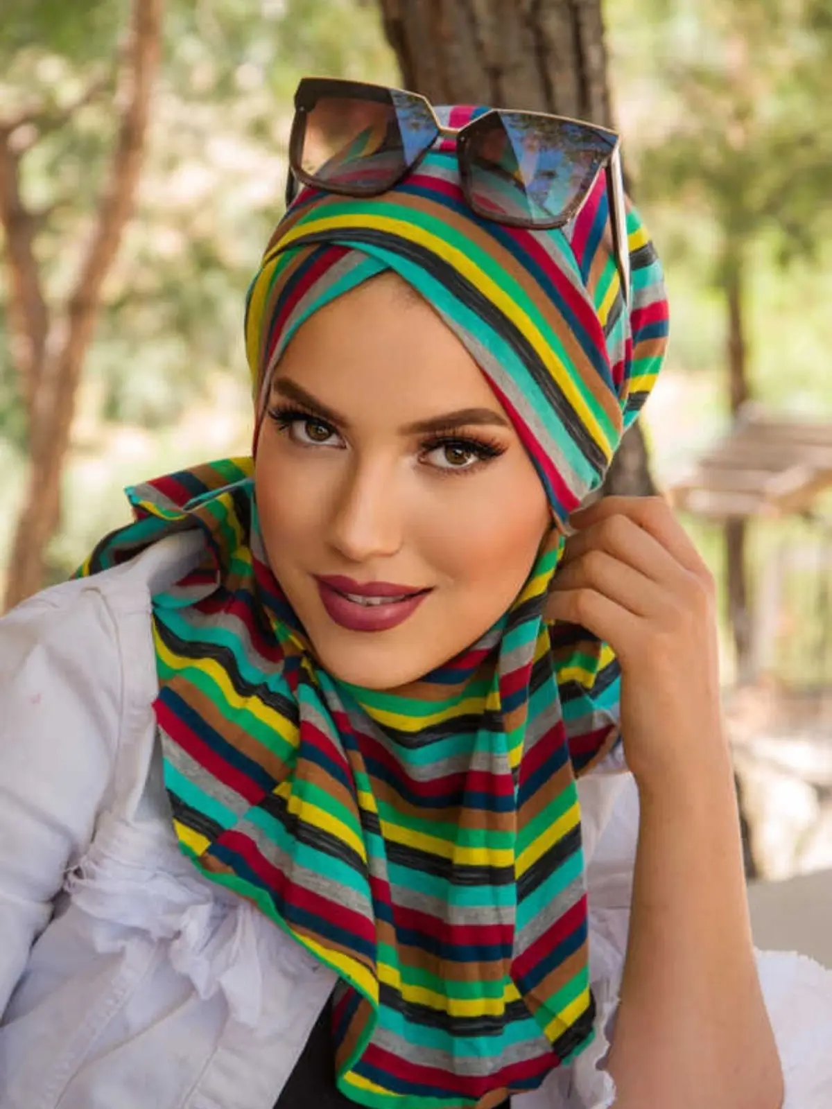 Striped Patterned Cross Band Medium Size Ready Made Shawl Muslim Fashion Casual Bonnet Turban Hijab 4 Seasons Clothing 51003