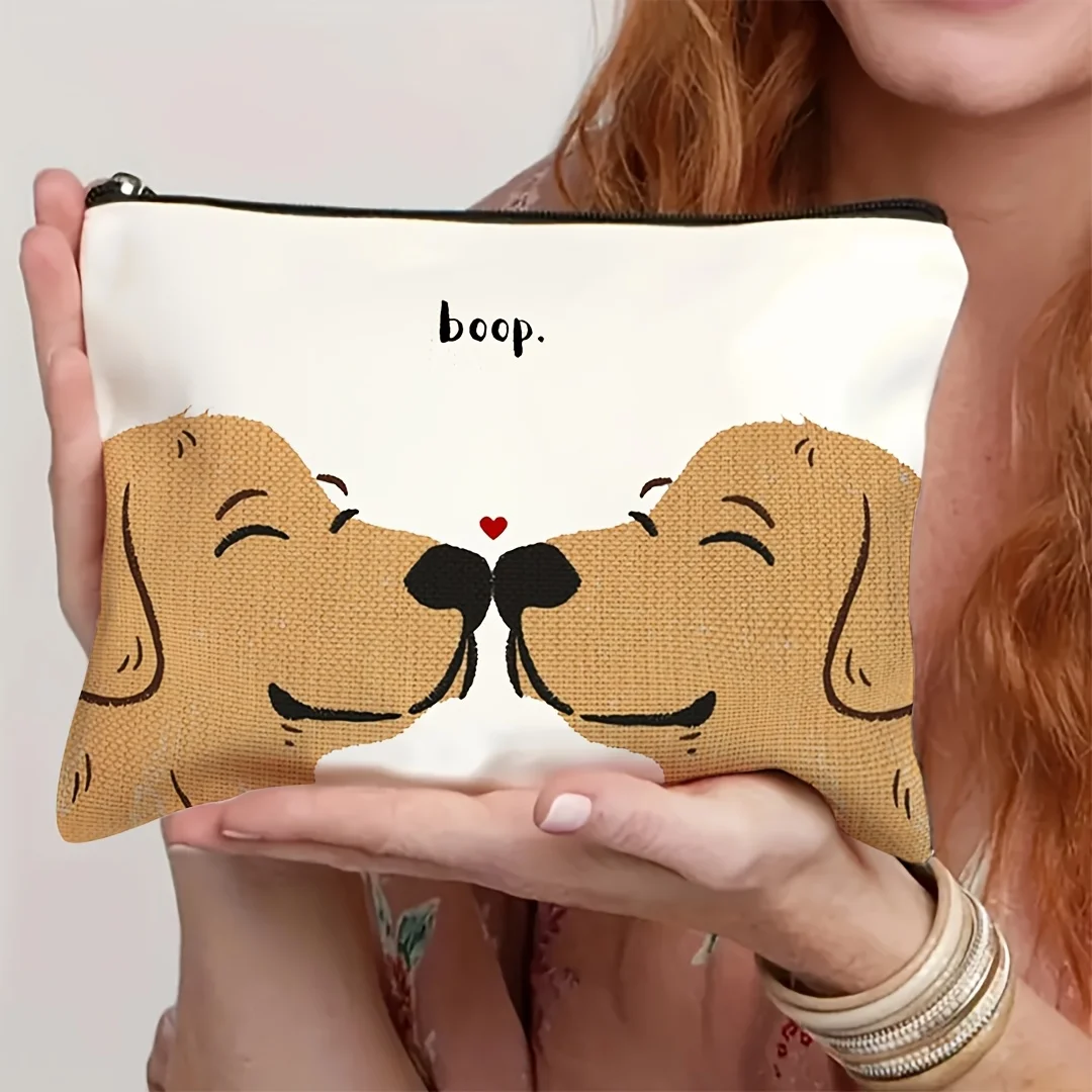 1Pc Cute Golden Retriever Intimate Love Heart Retro Design Multifunctional Travel Makeup Bag, Snack Storage Bag, Stationery Storage Bag, Fashionable Toiletry Bag, Canvas Double-Sided Printed Zipper Pouch