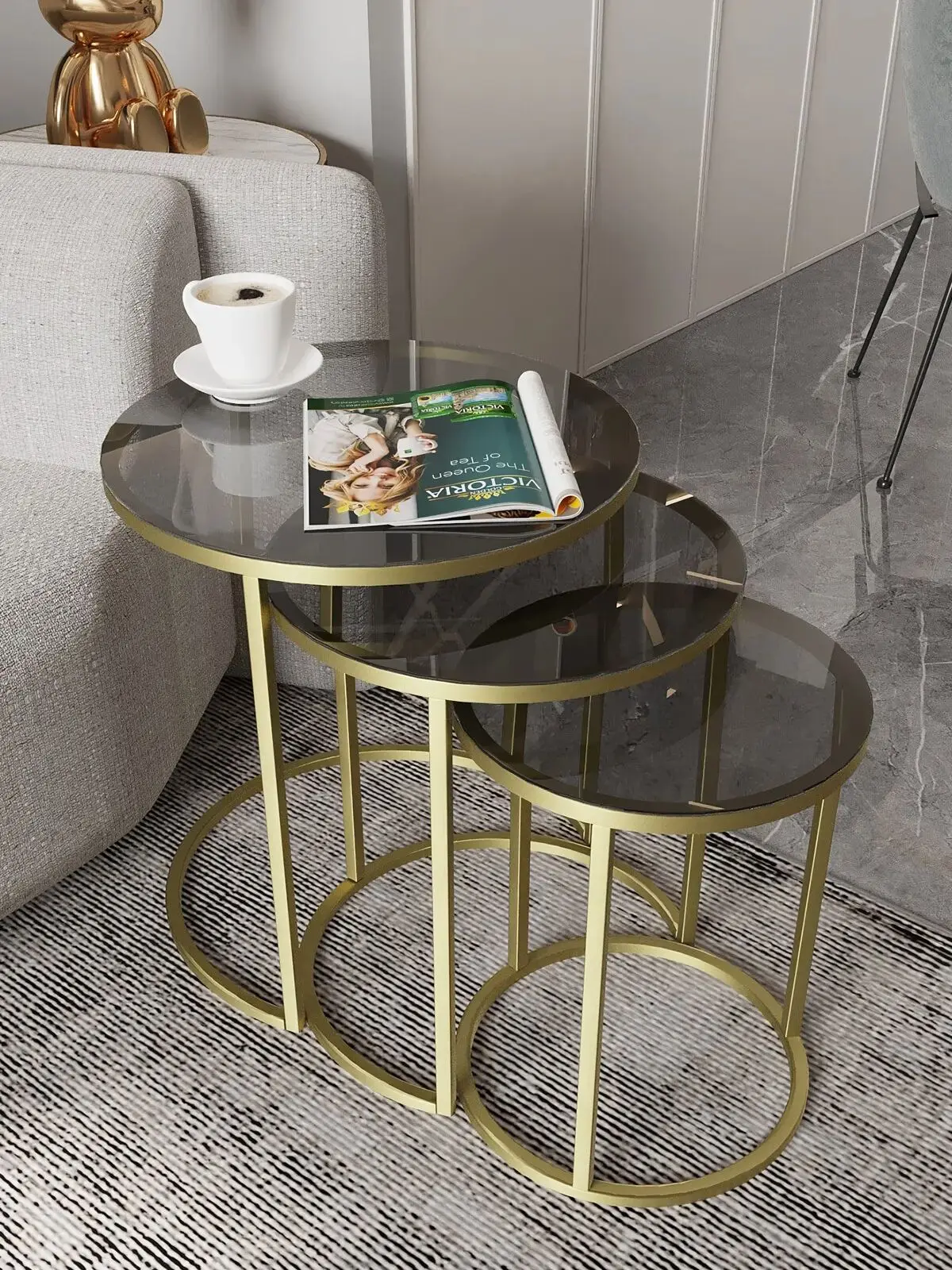 Modern Scandinavian Gold Metal Legs 3-L Zigon Coffee Table With Unbreakable Tamper Living Room Side Tops with Glass and Wood Models Stylish Service