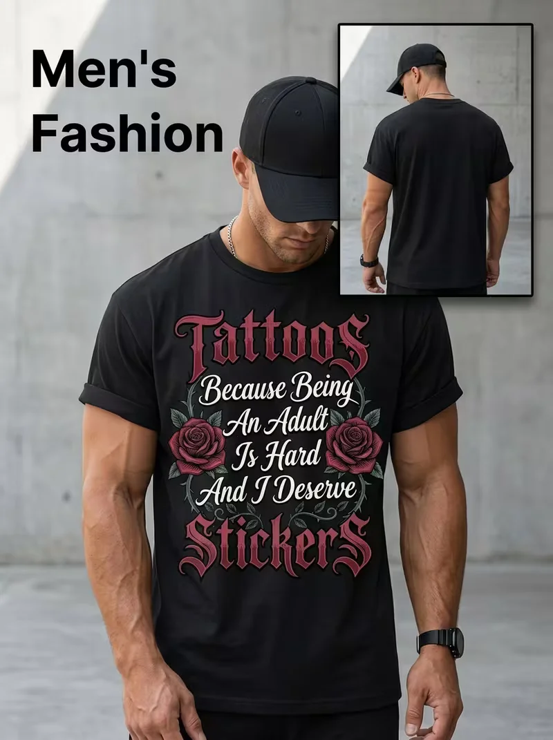 Tattoos Because Being An Adult Is Hard And I Deserve Stickers Graphic T‑Shirt, Vintage Rose Funny Tattoo Lover Short Sleeve Tee for Women Men
