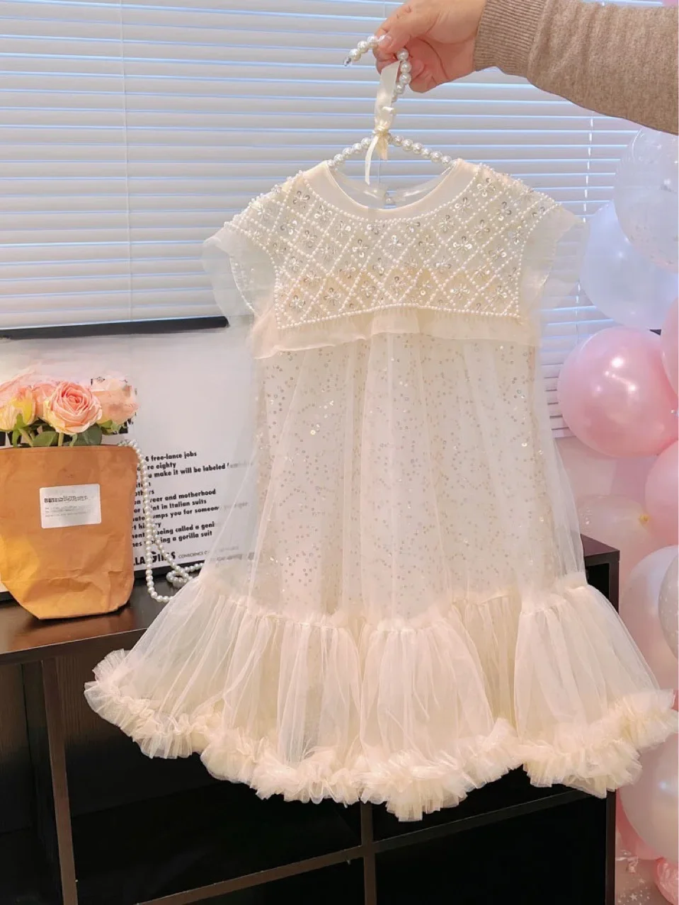 Neue Mädchen Prin Prozess Kleid lässig Frühling Sommer Kinder kleidung koreanische Perlen hals