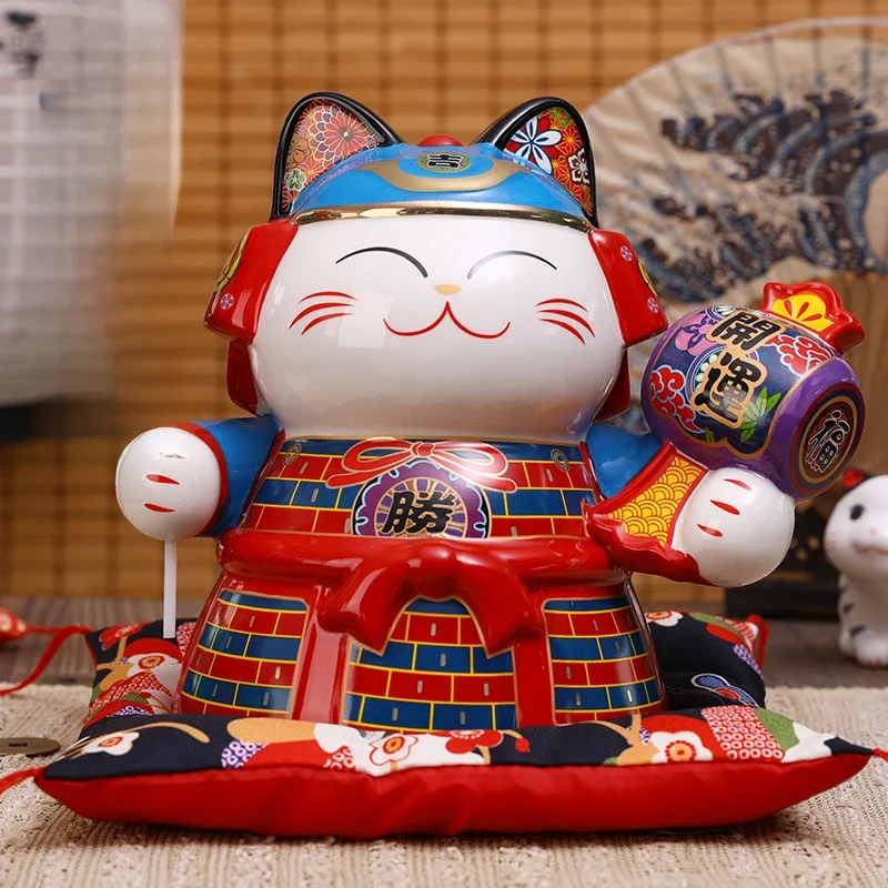 9 pouces japonais samouraï ornement en céramique Maneki Neko chanceux Fortune chat tirelire mascotte décoration cadeau
