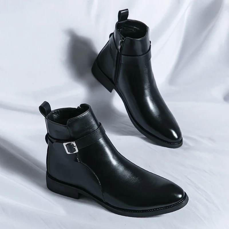 Męskie buty biznesowe casual na jesień 2025, modne klasyczne skórzane buty outdoorowe Chelsea z noskiem w szpic, brązowe, duże rozmiary do 47 — zdjęcie 2