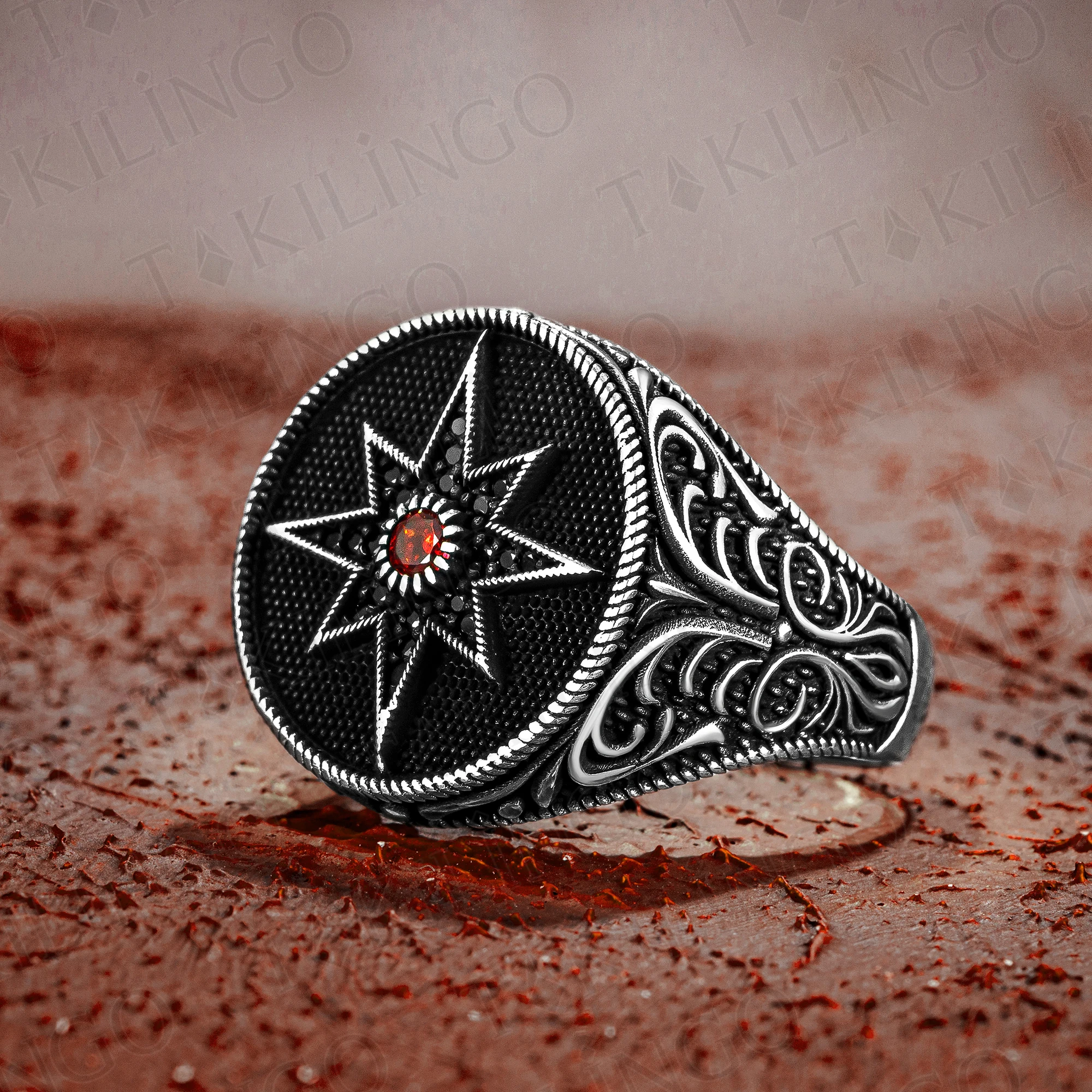 Elegant Stamped Solid 925 Sterling Silver Zircon Stone Round Compass Men's Ring Punk Chic Accessory Handmade Jewelry Gift Him