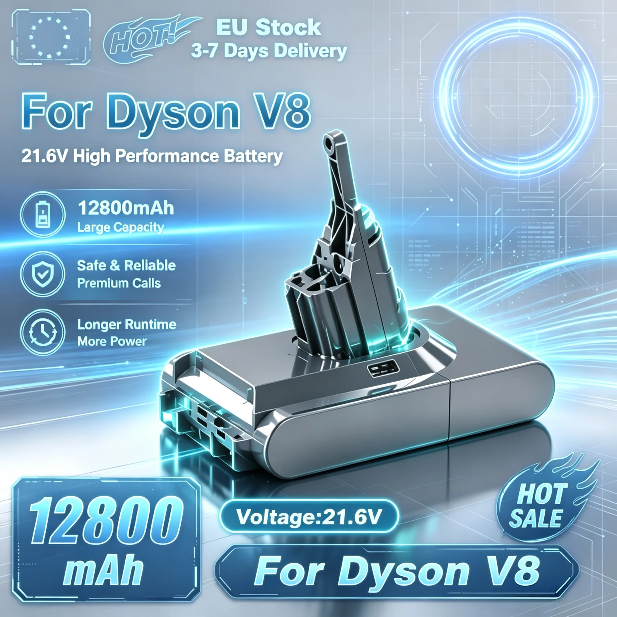 EU-Lokallager 21,6V Hochwertige Lithium-Batterie Austauschbarer Akku für Dyson V8 Staubsauger 12800mAh Lithium-Ionen-Akku Geeignet für V8-Serie Kabelloser Staubsauger
