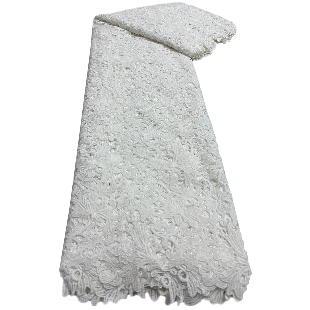 

Pure White Elegant Milk Silk Water Soluble Lace Fabric 2025 French Embroidery Brocade Tulle Nigerian Wedding Party Dress 5 Yards