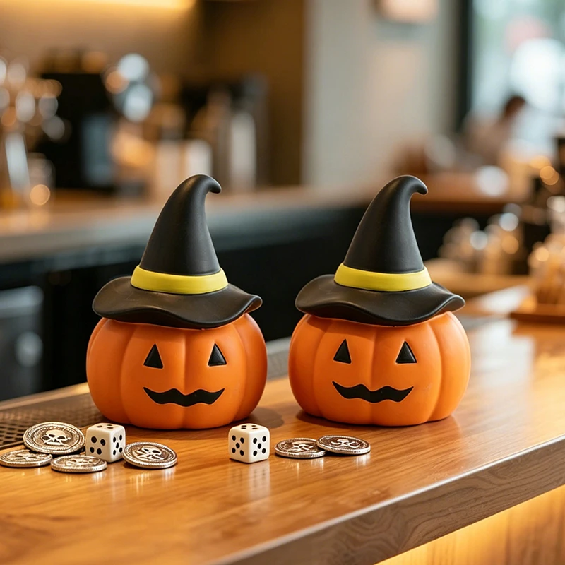 Cute Pumpkin Jack O Lantern Dice Cup with Dices Witch Hat Resin Container Halloween Party Game Prop Desktop Decorative Ornament