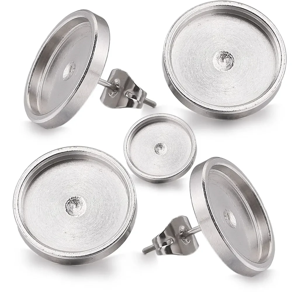 20szt 6 8 10 12mm Płaski kolczyk ze stali nierdzewnej Ustawienie pustej podstawy kolczyka Żywica Cabochon Taca Diy Biżuteria Hurtownia — zdjęcie 2