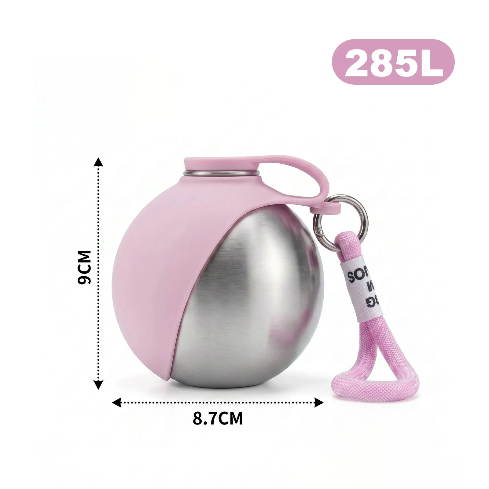 Haustier-Hundetrinkflasche 285ml, auslaufsicher, 2-in-1 Edelstahl-Reisewasserspender mit abnehmbarem Silikonnapf & Trageband, tragbarer Futterbehälter für Hunde und Katzen beim Spazierengehen,