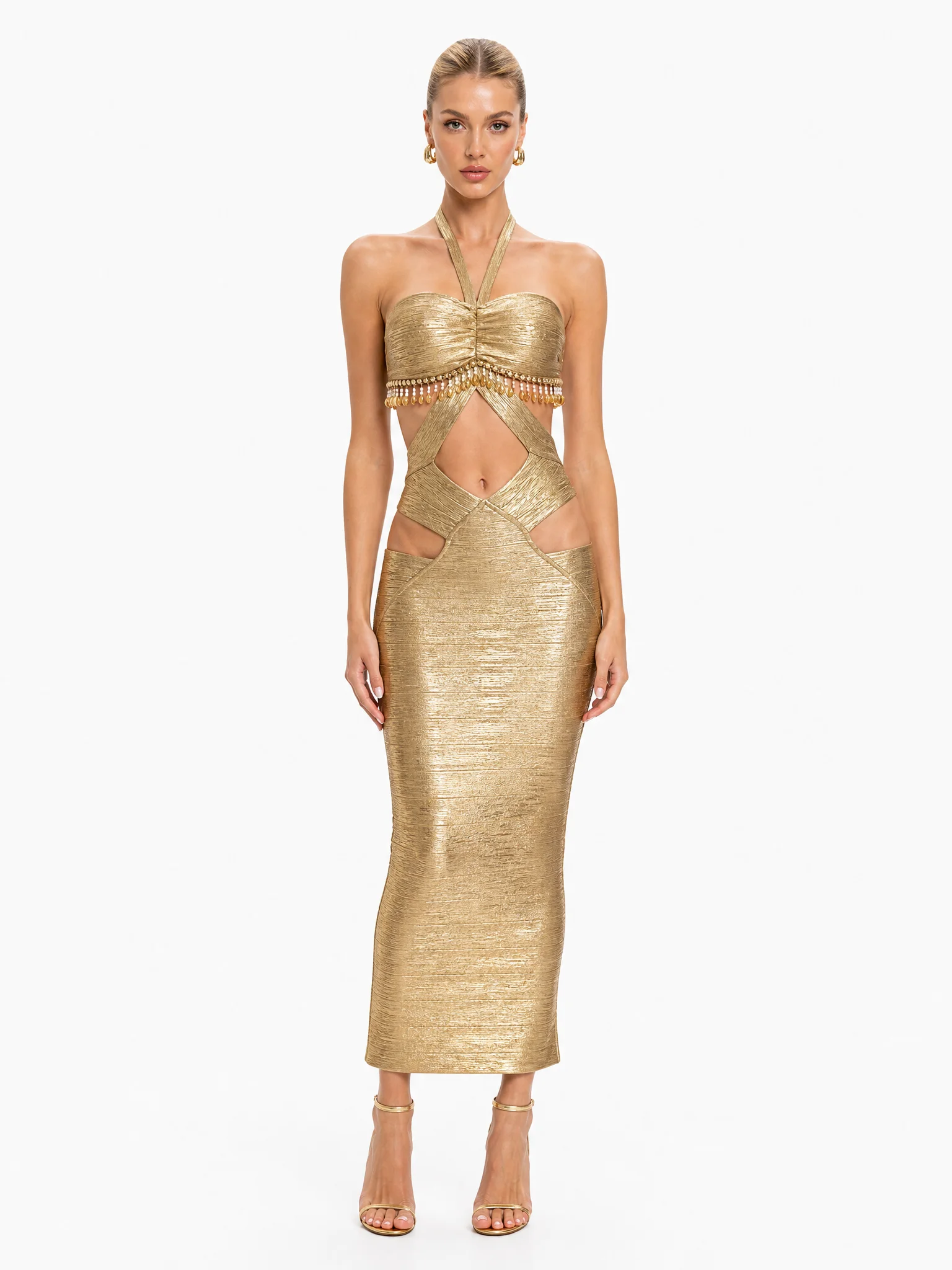 High-Quality New Summer Women's Gold Halter-Neck Sexy Off-Shoulder Sleeveless Cut-Out Bandage Dress – Stylish Backless Party Dre