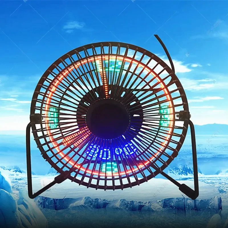 Small Mute Usb Fans DC 5V Real Clock Temperature Date Adjustable 6INCH Iron Art Desk Car Mini USB Gadgets Fan With Led Light