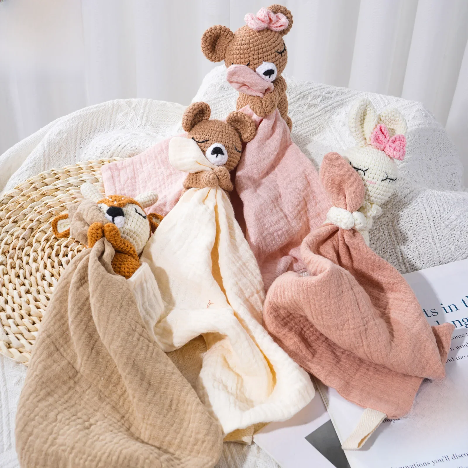 Jouet de Couchage pour Bébé, Serviette, Bavoir, Animal, Ours, Beurre de Vache, Doux et Confortable, Belle Couverture de Sécurité avec Bruit