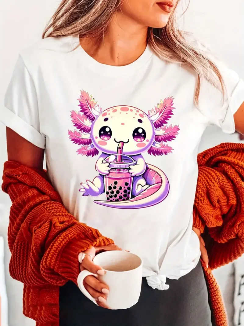 Axolotl Print Crew Neck T-Shirt Casual Short Sleeve T-Shirt For Spring  Summer Women's Clothing