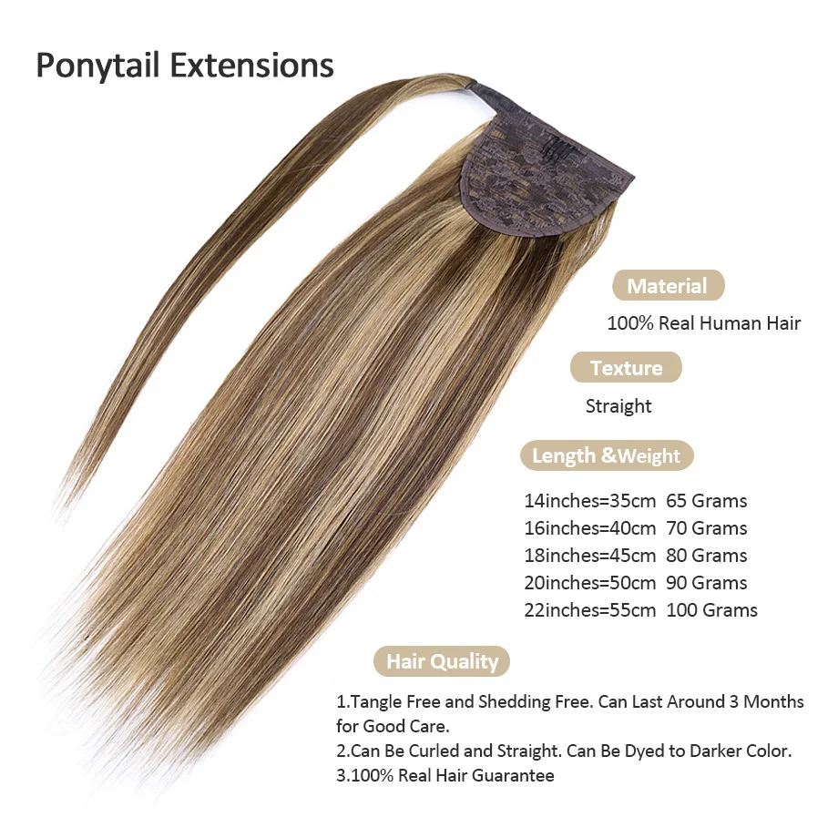 Extensión de cola de caballo para mujer, cabello humano largo y liso, envoltura alrededor de cola de caballo, pasta mágica Natural, extensiones de cabello Invisible, 14-22"