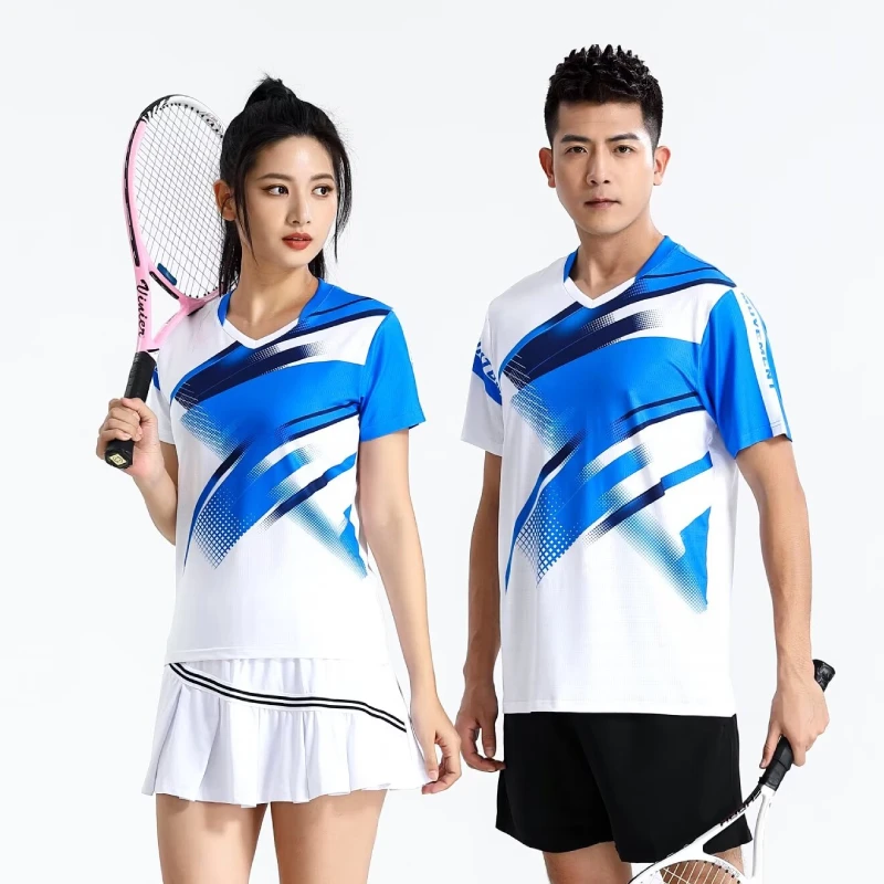 Uniformes masculinos e femininos de badminton, camiseta de manga curta com logotipo estampado, roupas esportivas de malha grande, branco, azul