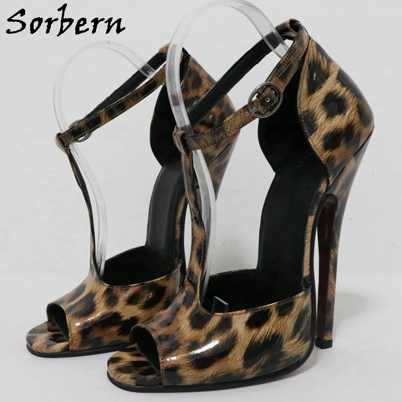 

Sorbern Brown Leopard Women Sandals T-Straps Round Toe 15Cm High Heel Stilettos Size Us10 Crossdresser Fetish Shoe Custom