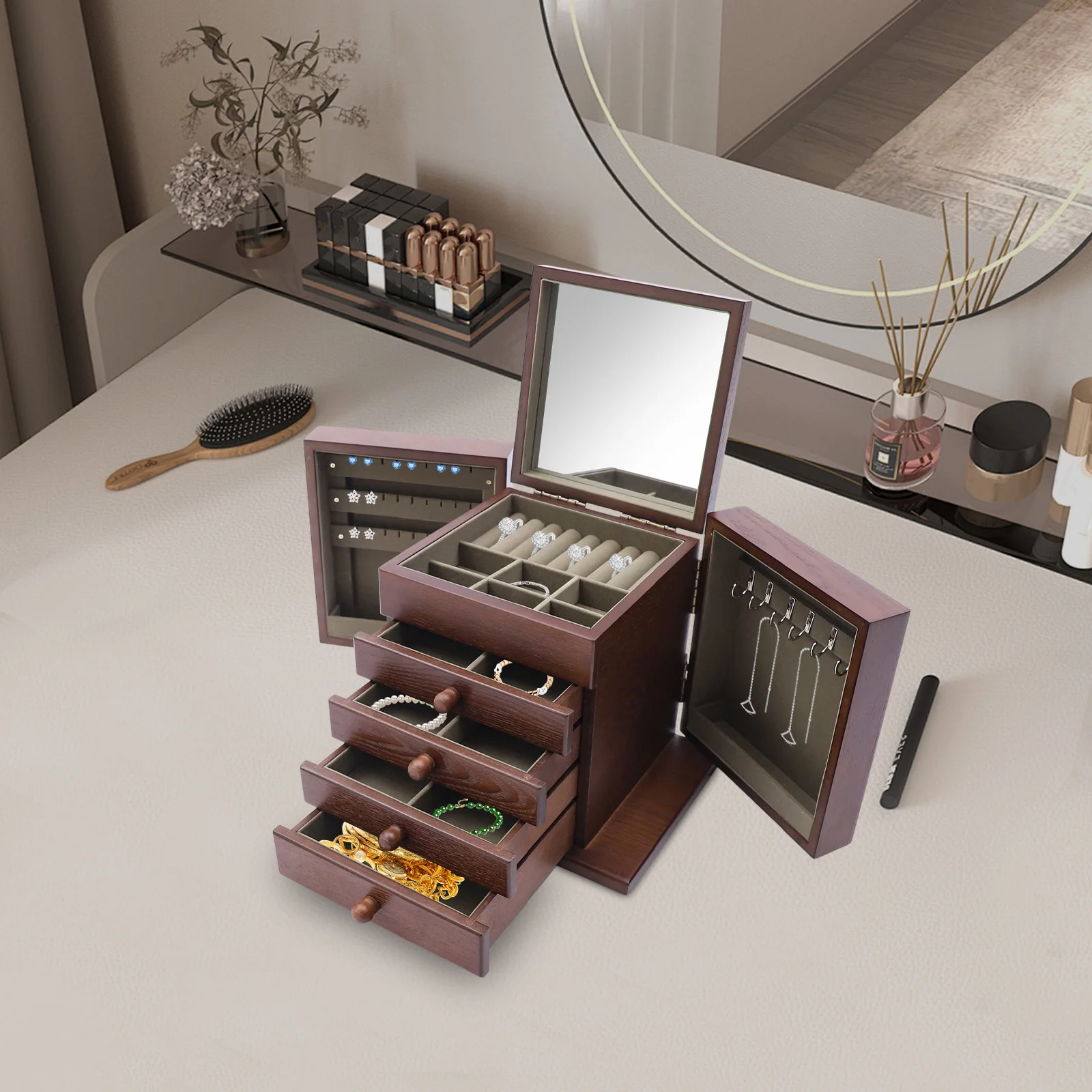 

Vintage Wooden Jewelry Storage Box, 5 Layers with 4 Drawers Organizer