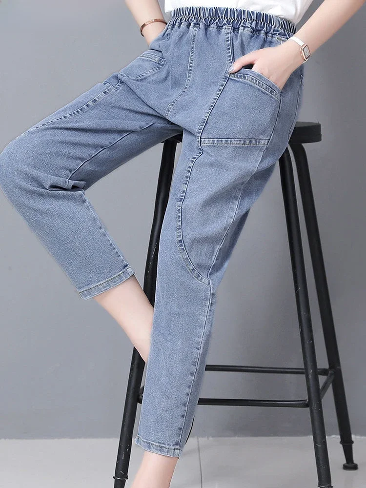 Kobiety Plus rozmiar 4xl Casual Denim spodnie do kostek Vintage mama Baggy Vaqueros elastyczny, wysoki stan wiosenne letnie dżinsy haremowe — zdjęcie 2
