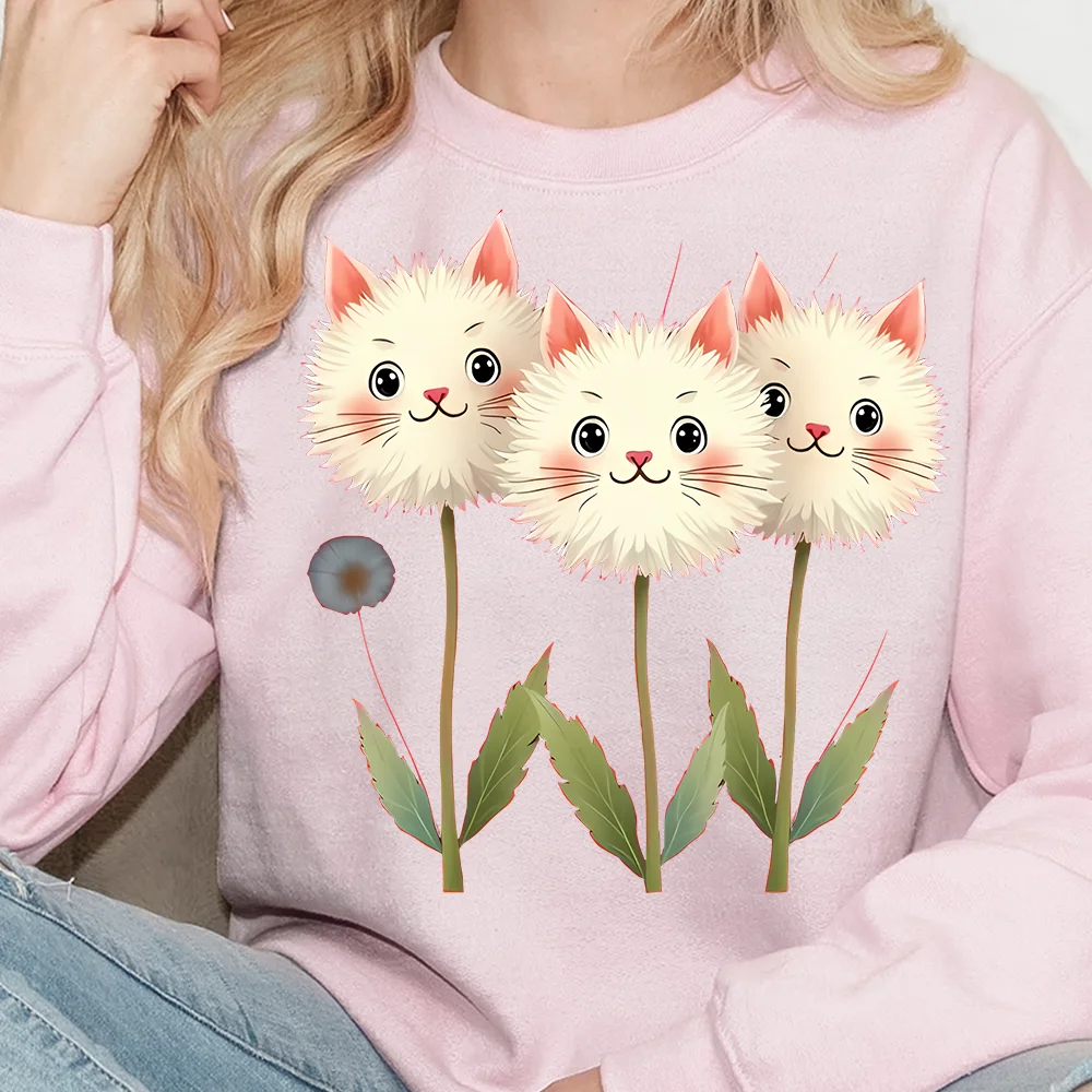 بلوزات نسائية برقبة دائرية، سترات لطيفة منفوشة على شكل قطة، مطبوعة برسومات جرافيك، بلوفر كاجوال، ملابس خريفية كبيرة الحجم من القطن