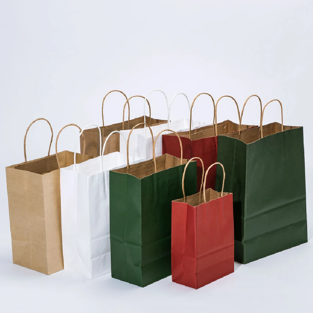 

50pcs Color Kraft Paper Bag With Handle Birthday Party Cookies Snacks Shopping Bags Packaging Bag Holiday Gift Bags