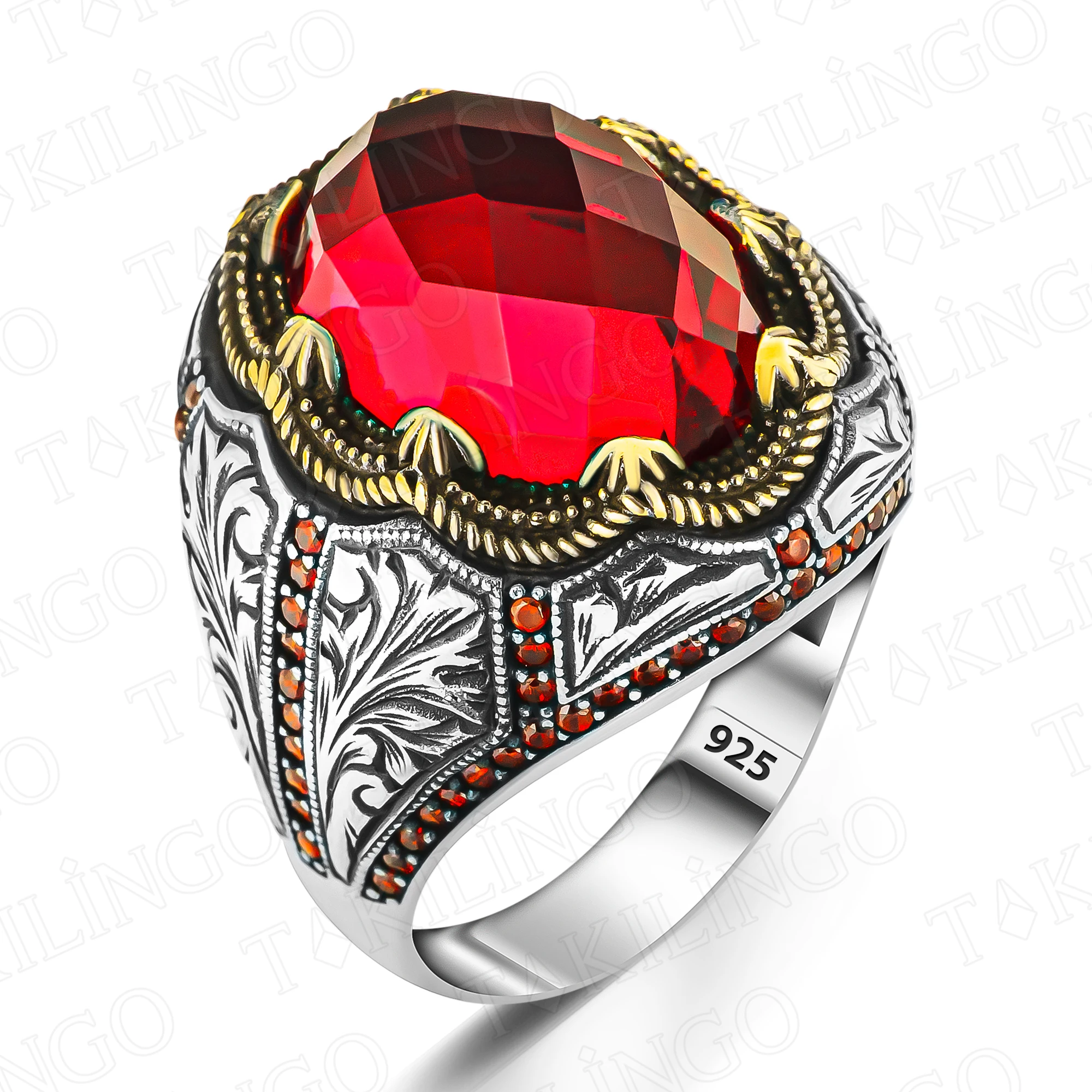 Elegant Stamped Solid 925 Sterling Silver Oval Red Zircon Stone Men's Ring High Quality Handmade Jewelry Turkish Gift For Men