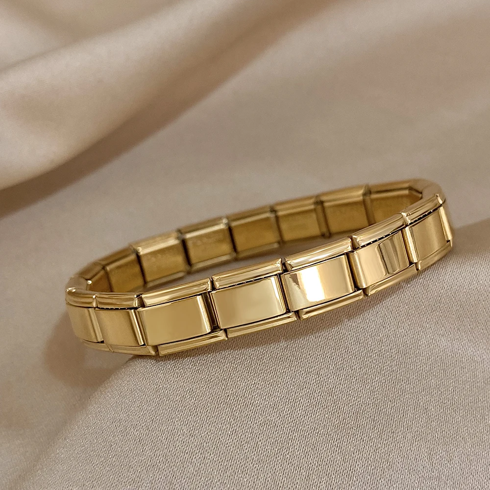 Italienisches Charm-Starter-Edelstahlarmband für Damen und Herren, dehnbares Armband, modulare Gliederkette, goldfarbener Armreif – Detail 3