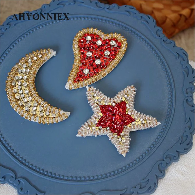 Love Moon Stars Heart Handmade Beaded Patch Tube Beads Sequins Rhinestones Applique DIY Jewelry Patch Decoration Accessories