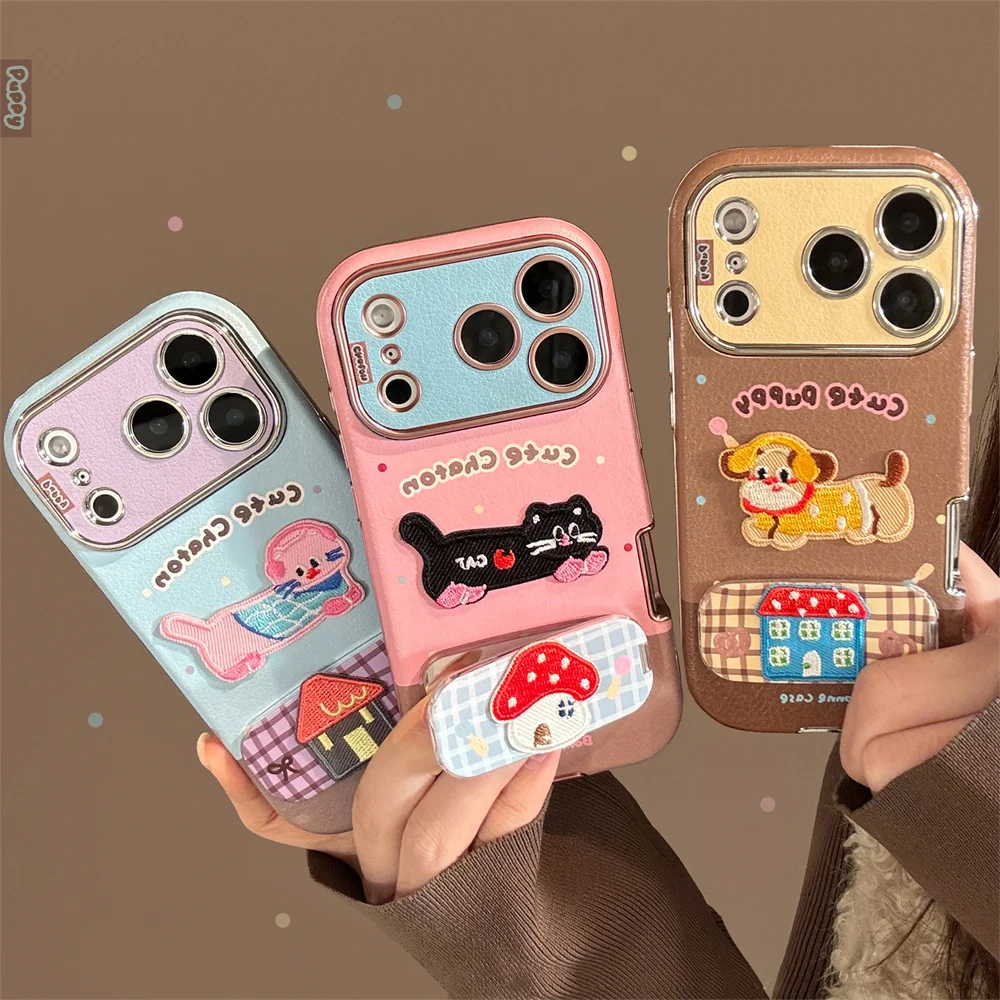 

Korean INS embroidered puppy phone case for iPhone 17 16 Pro 15 Pro Max 11 12 13 14 cover with stand fashion protective cover