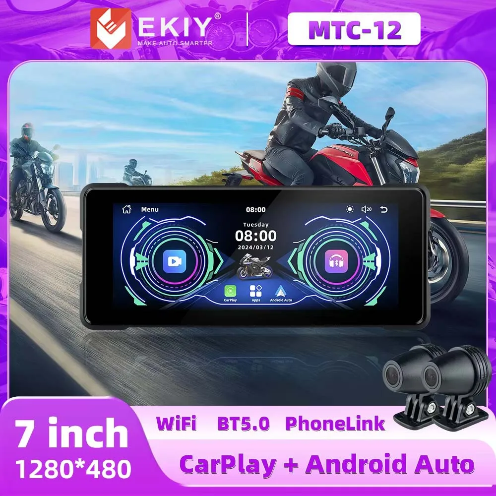 EKIY-Enregistreur de caméra Bluetooth sans fil pour moto, CarPlay, 7.0 pouces, GPS Navi, Android Auto, avant, arrière, touristes