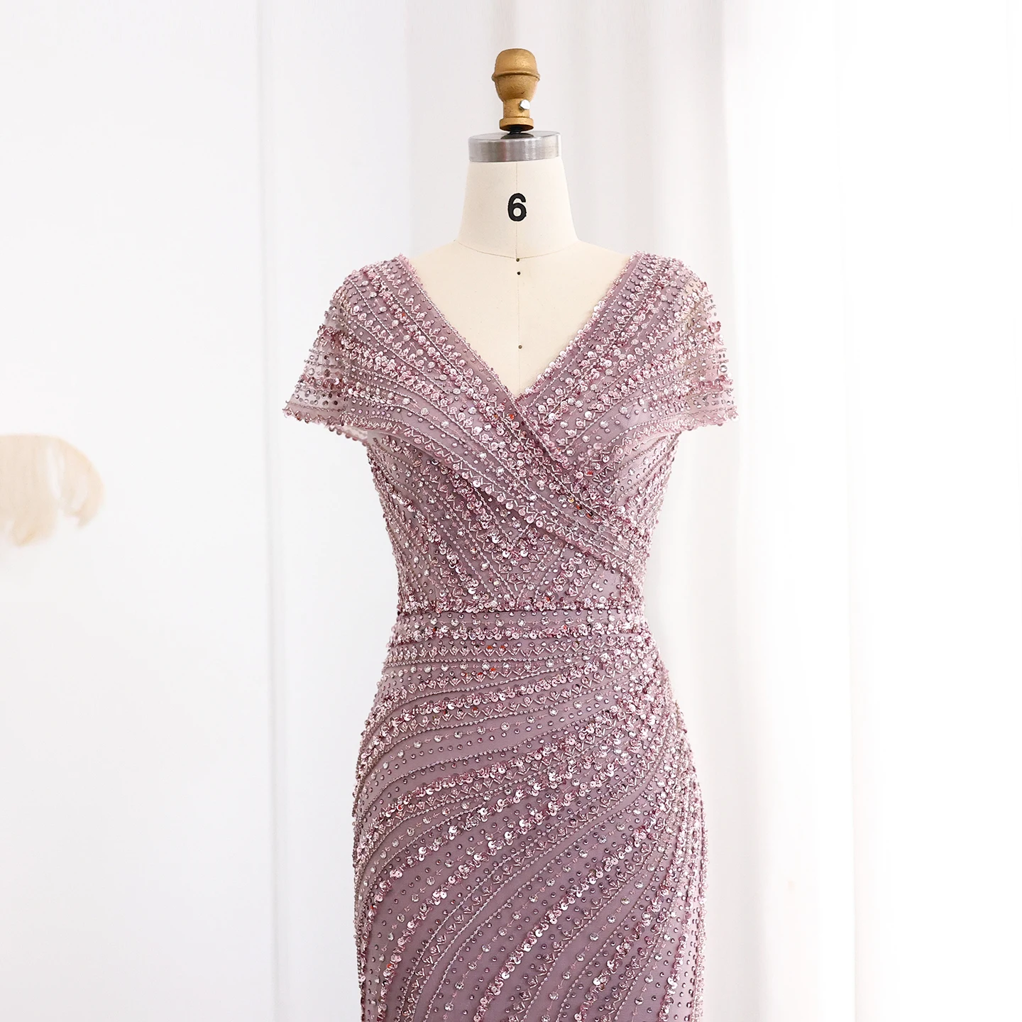 Sharon Said Luxuriöse Dubai Silber-Nude Abendkleider für Hochzeiten, Meerjungfrauenkleid mit Kapärmeln, Arabisches Formelles Partykleid SS045 Maßanfertigung – Detail 18