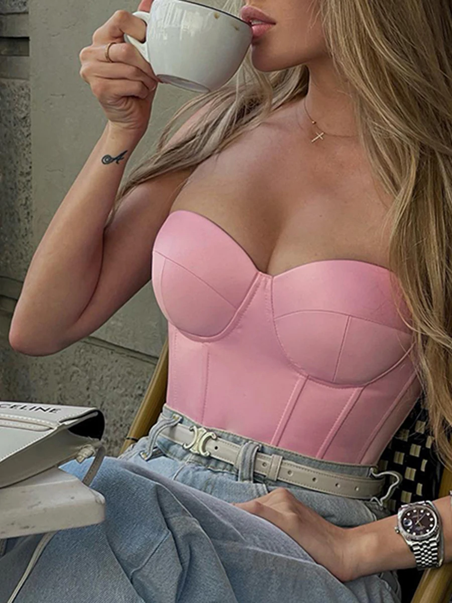 Women’s Casual Tube Tops Summer Slim Fit Tops Fashion Solid Color Satin Off-shoulder Exposed Navel Strapless Tops