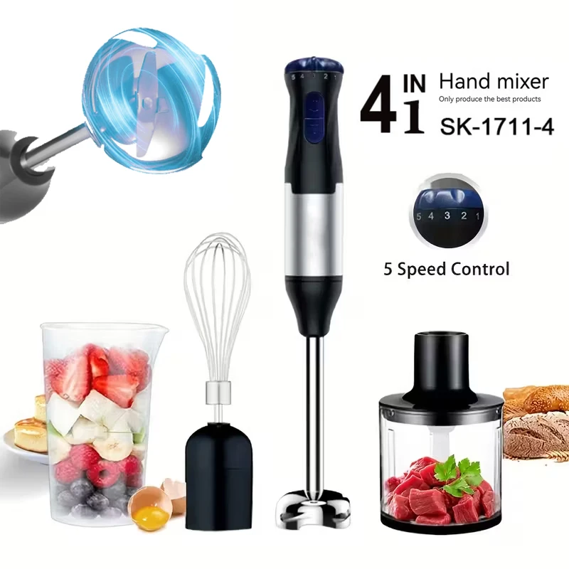 1000W Kitchen Immersion Blender 4-in-1 Stainless Steel Handhold Veggie Meat Chopper Leg Whisk Smothie Stick Mixer