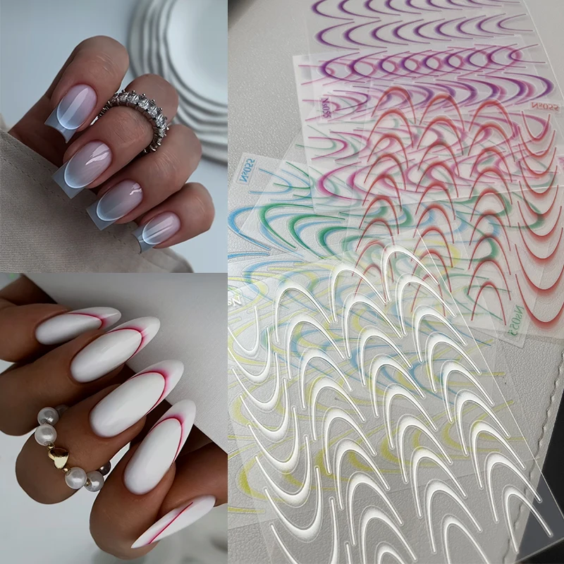 Neon Colorful French Style Line Tips Nail Sticker Self-adhesive Gradient Stripe Lines Bend Sticker Gradient Lines Nail Stickers