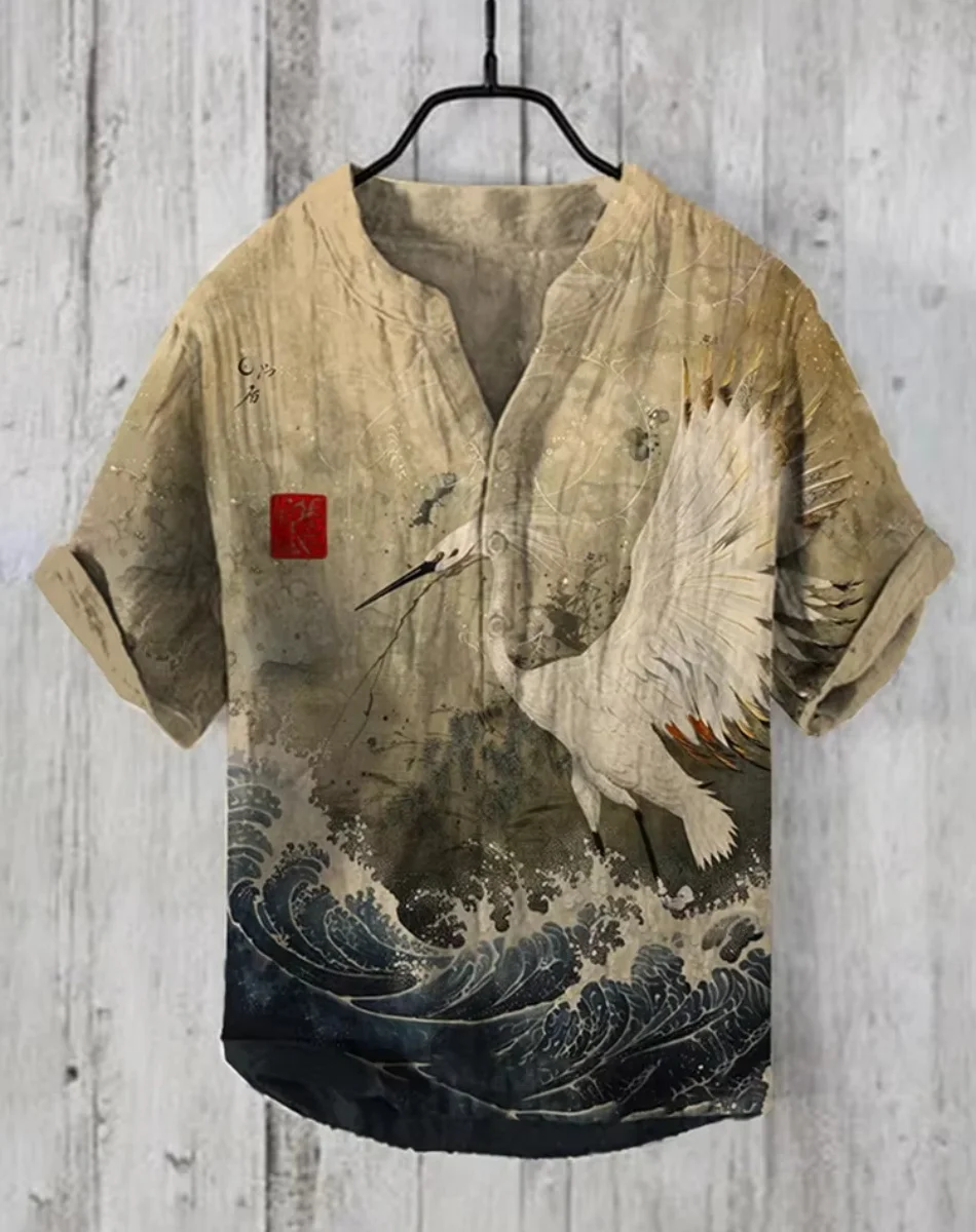 Новая мужская льняная рубашка с коротким рукавом и 3D-принтом «Летающие журавли и лягушки», пуловер, гавайская пляжная рубашка с коротким рукавом для мужчин