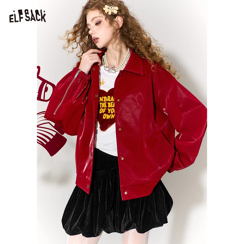 ELFSACK 2026 Burgundy Matte PU Leather Jacket Women, Horse Embroidery Lapel Loose Coat, Punk Oriental Vintage Winter Top