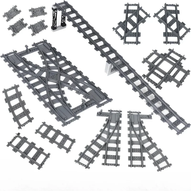 Trains de ville, blocs de construction à monter soi-même, Rail droit et incurvé, pièces de briques, modèle de Tunnel de pont, voies transversales souples et flexibles, jouet MOC ferroviaire