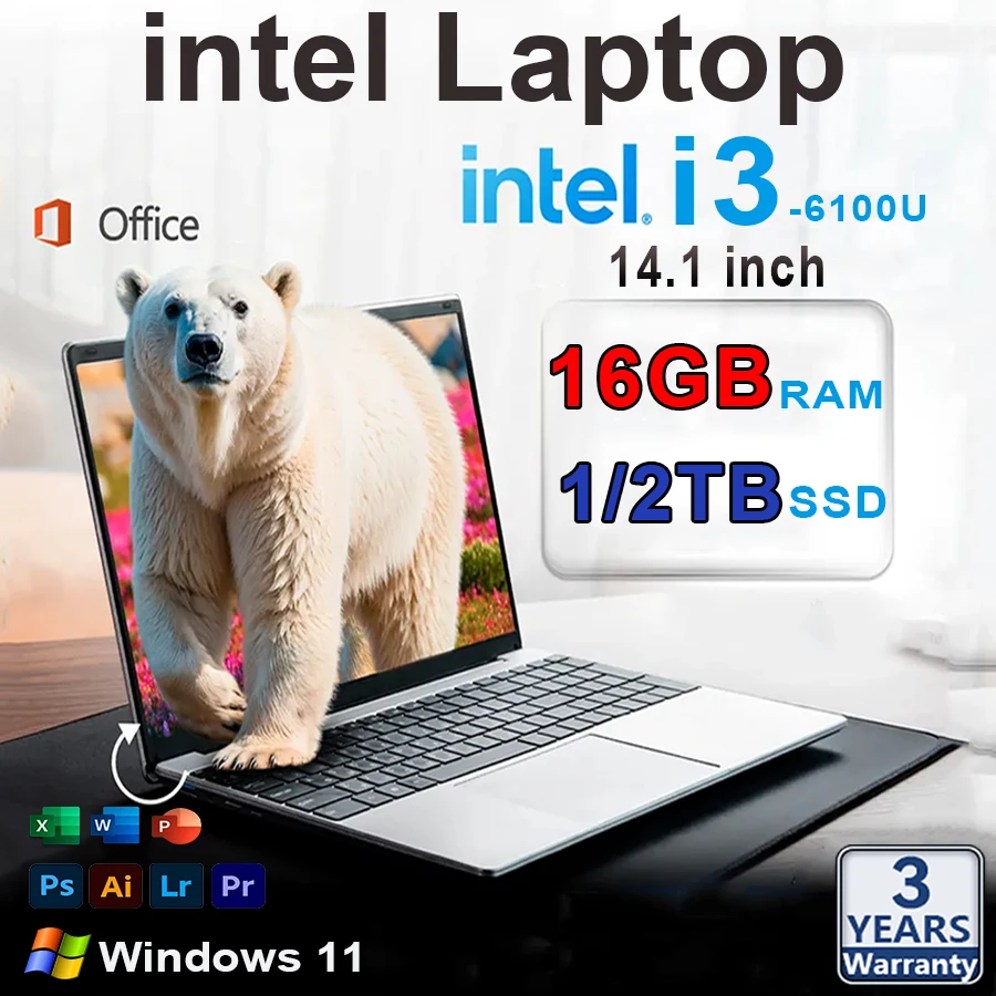 Computadora portátil de oficina de 14.1'' con Intel Core i3 6100U, Windows 11, 16GB DDR, 1TB/2TB SSD, desbloqueada, con pantalla FHD.