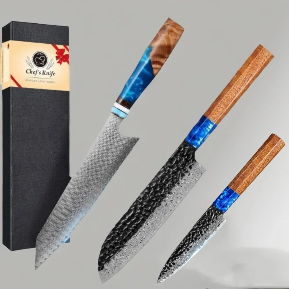 Damascus Steel Knife Three-Piece Set, Santoku Knife And Chef Knife, Fruit Knife, Vg10 Japanese Upgraded Steel Core Kitchen Knife