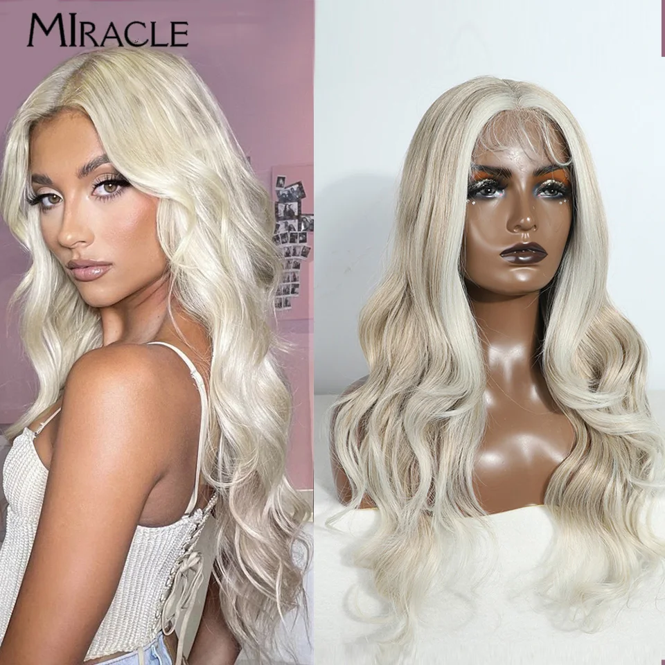 

MIRACLE Synthetic 26Inch Body Wave Lace Wig Blonde Cosplay Wig for Women Fake Hair Heat Resistant Long Wavy Fiber Wigs Female