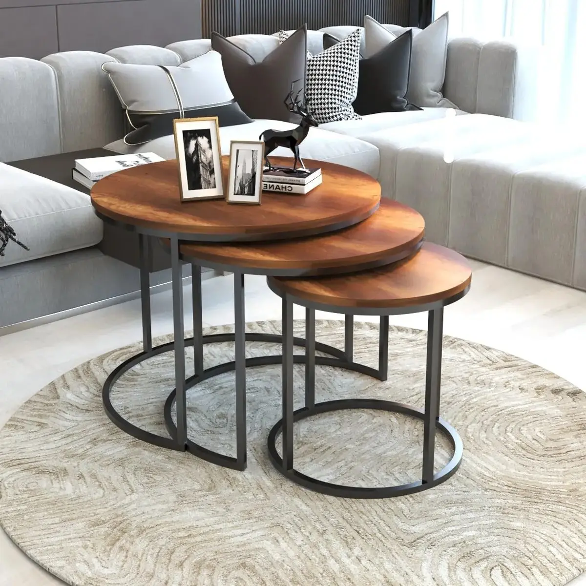 Modern Set of 3 Center Tables Set Unbreakable Tempered Black Glass Metal Leg Coffee Tables Living Room 3 Pcs Furniture Decor