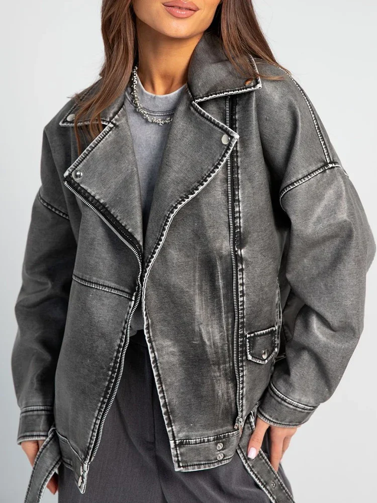 Ailegogo nowa wiosna jesień kobiety w stylu Vintage luźna kurtka ze sztucznej skóry Streetwear kobieta Retro zamek błyskawiczny płaszcz z paskiem znosić — zdjęcie 2