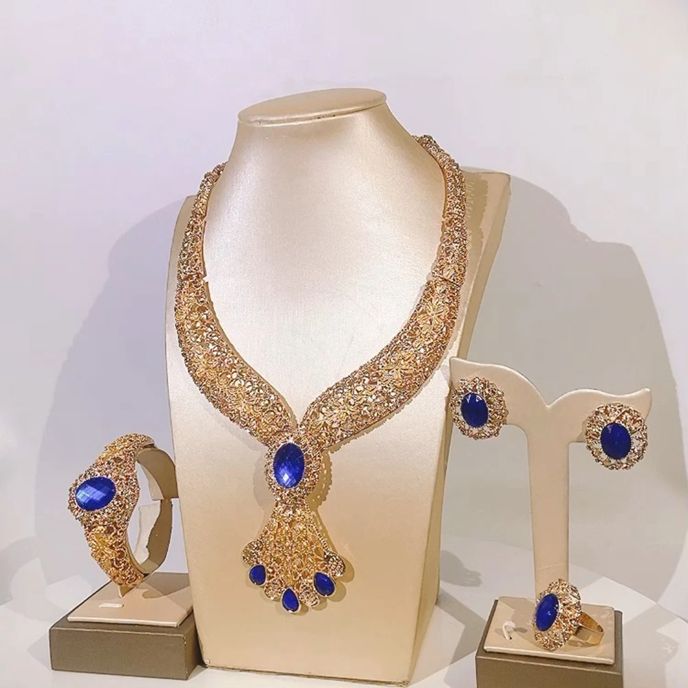 YULAILI New 24K Gold Plated Jewelry Set For Women Dubai Bridal Wedding Necklace And Earring Set Moroccan African Jewelry Gifts