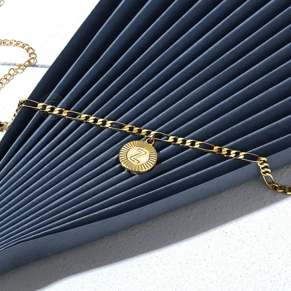 New 5mm Gold Color Initial Letter Pendant Charm Stainless Steel Figaro Chain Anklet Bracelet For Women Girls Jewelry