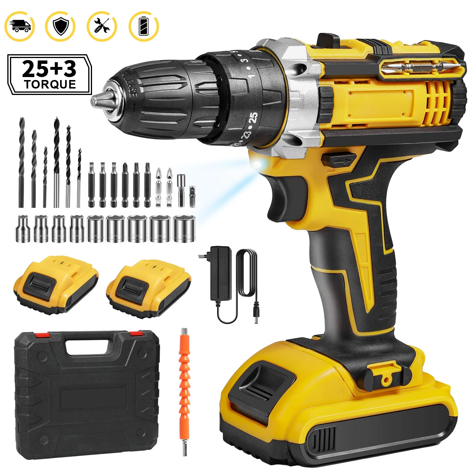 1800Rpm Cordless Brushed Electric Hand Drill 25+3Torque Impact Drill 3/8