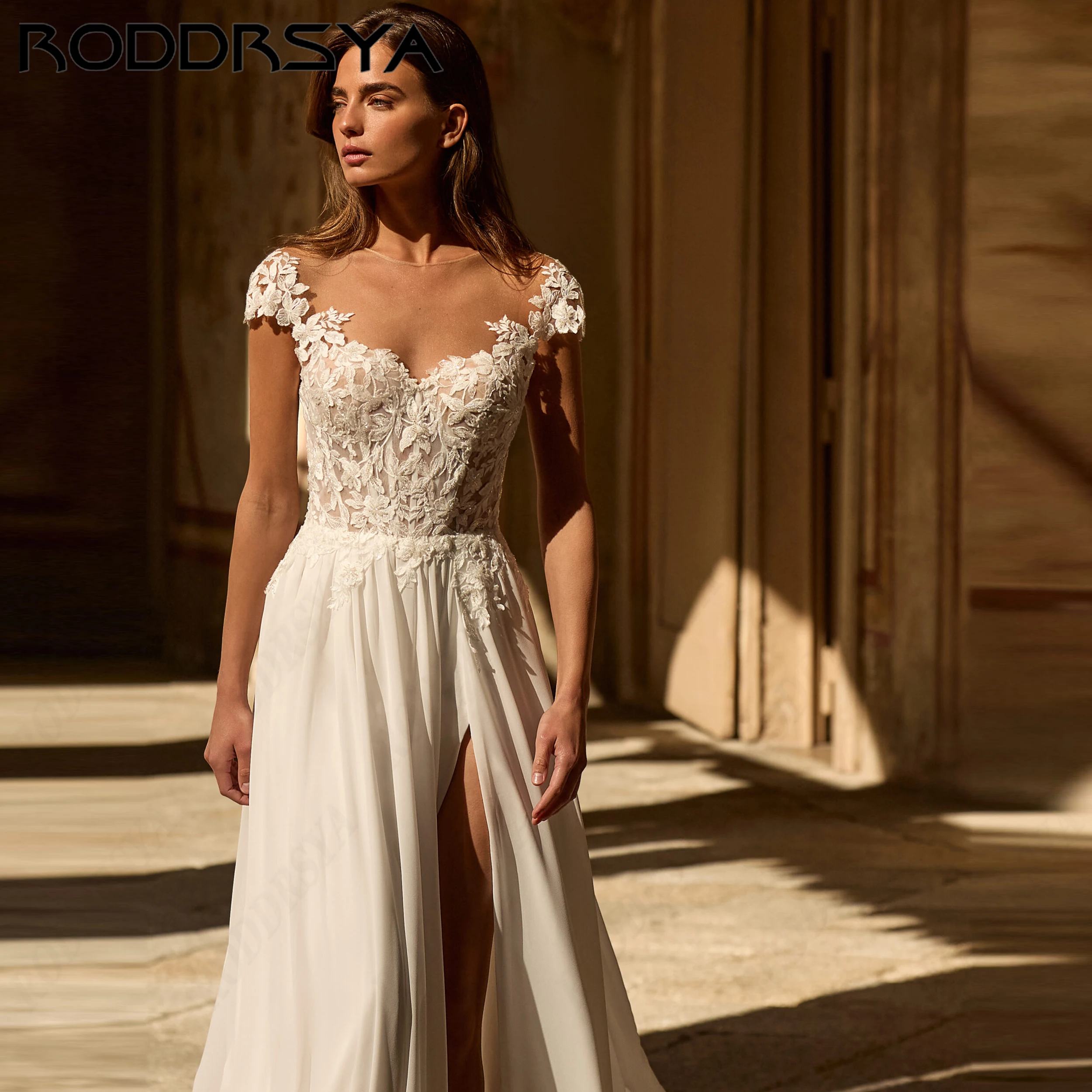 RODDRSYA Classic Customized A-Line O-Neck Wedding Dresses Chiffon Lace Appliques Bride Gown Court Train Cap Sleeve Bridal Dress