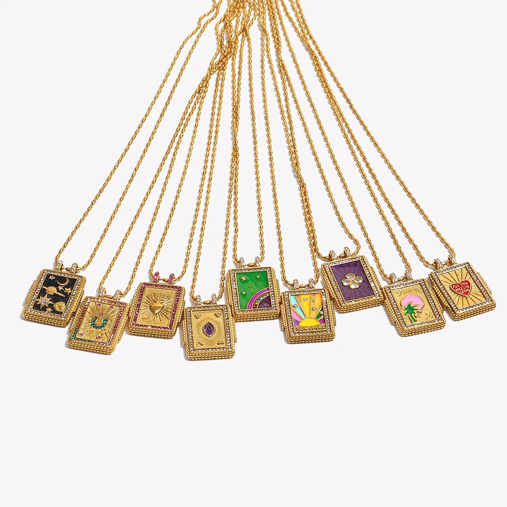 E.B.belle Colorful Enamel Square Zircon Pendant Necklace 18K Gold Plated Stainless Steel Fashion Neck Jewelry view 4