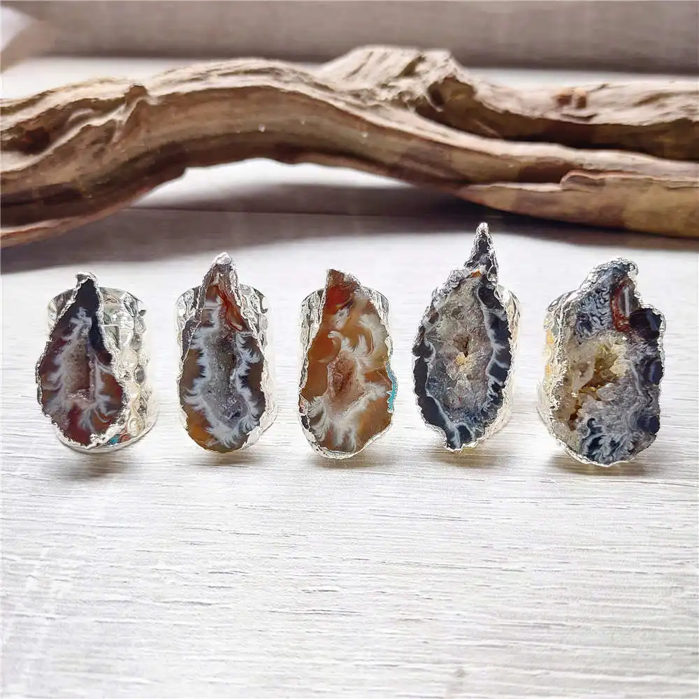 FUWO 5 Pieces/Lot Silver-Plated Natural Geode Ring,Amazing Design Onyx Druzy Stone Adjustable Rings Jewelry Wholesale  RG028